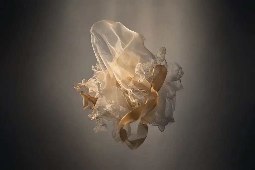 Layers of pale organza, lace and satin ribbon floating against a soft gray backdrop, a mood still life for Paris Fashion Week spring 2027