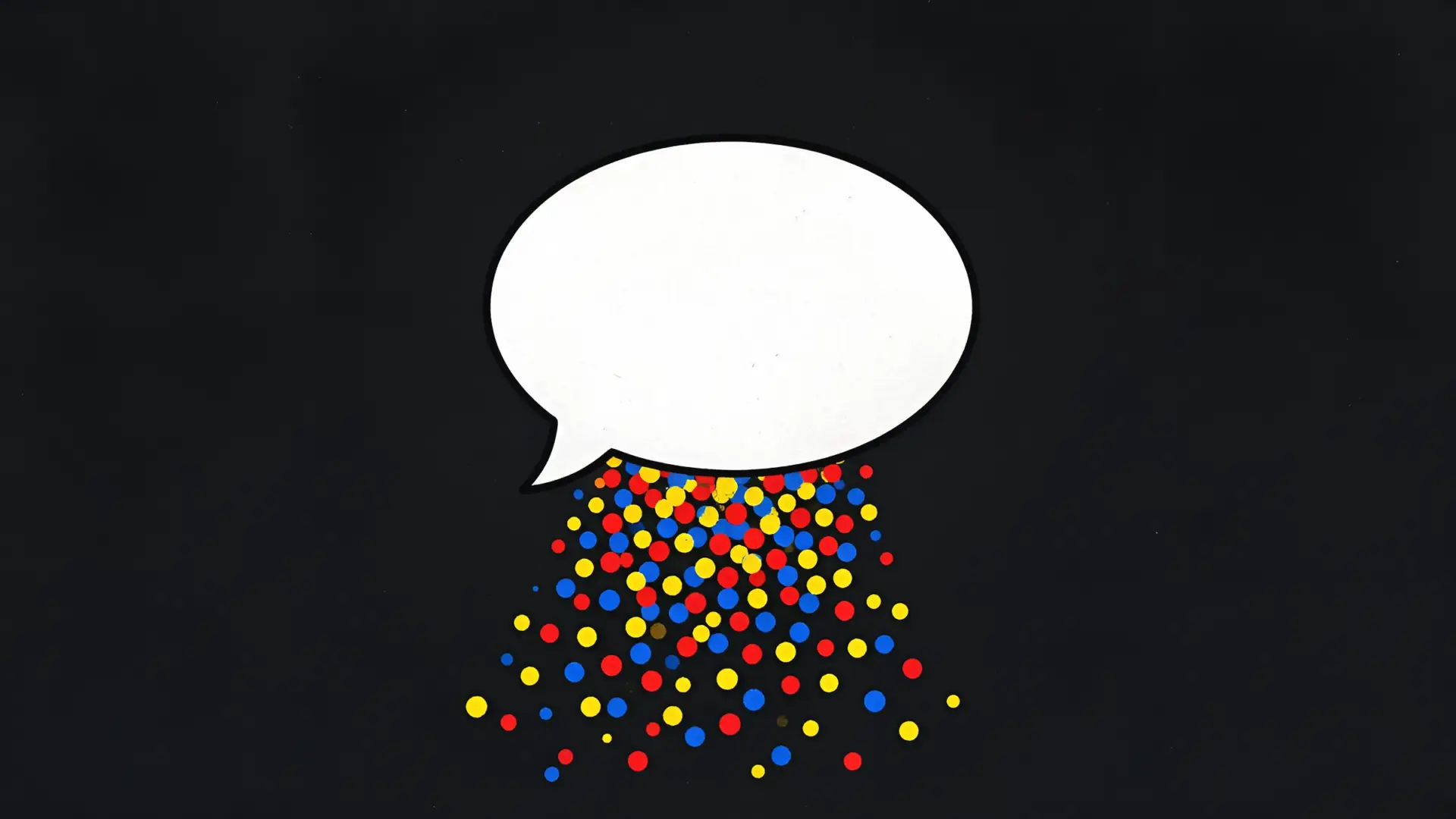 Ben-Day dots in bold primary colors spilling from an empty speech bubble on black, for our pop art New York guide
