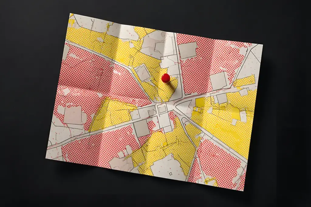 A folded city map printed with red and yellow Ben-Day dots, planning a pop art New York walk