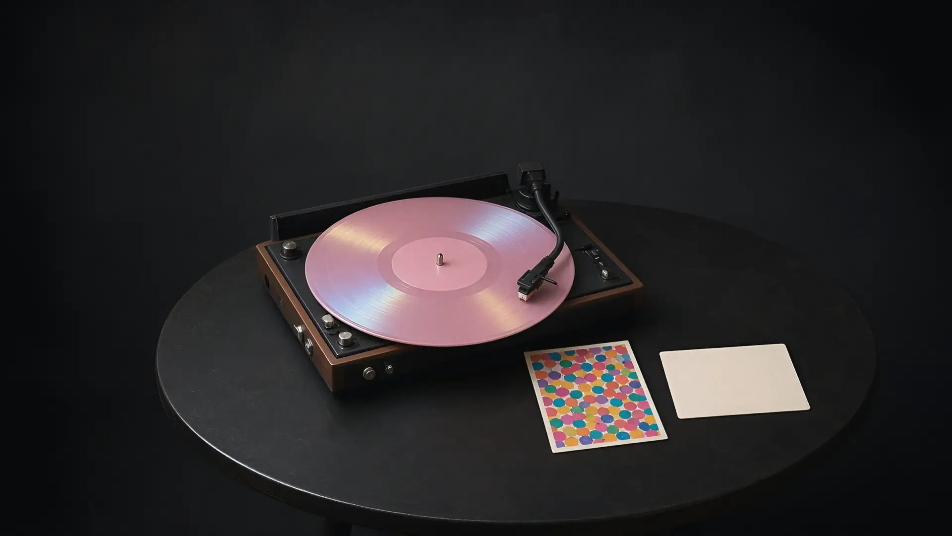 Pop culture news this week still life of a turntable with a pastel record, a dotted art postcard and a dinner reservation card