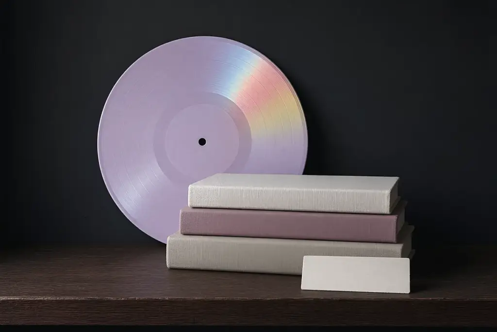 A pastel vinyl record leaning on a stack of books beside a museum ticket