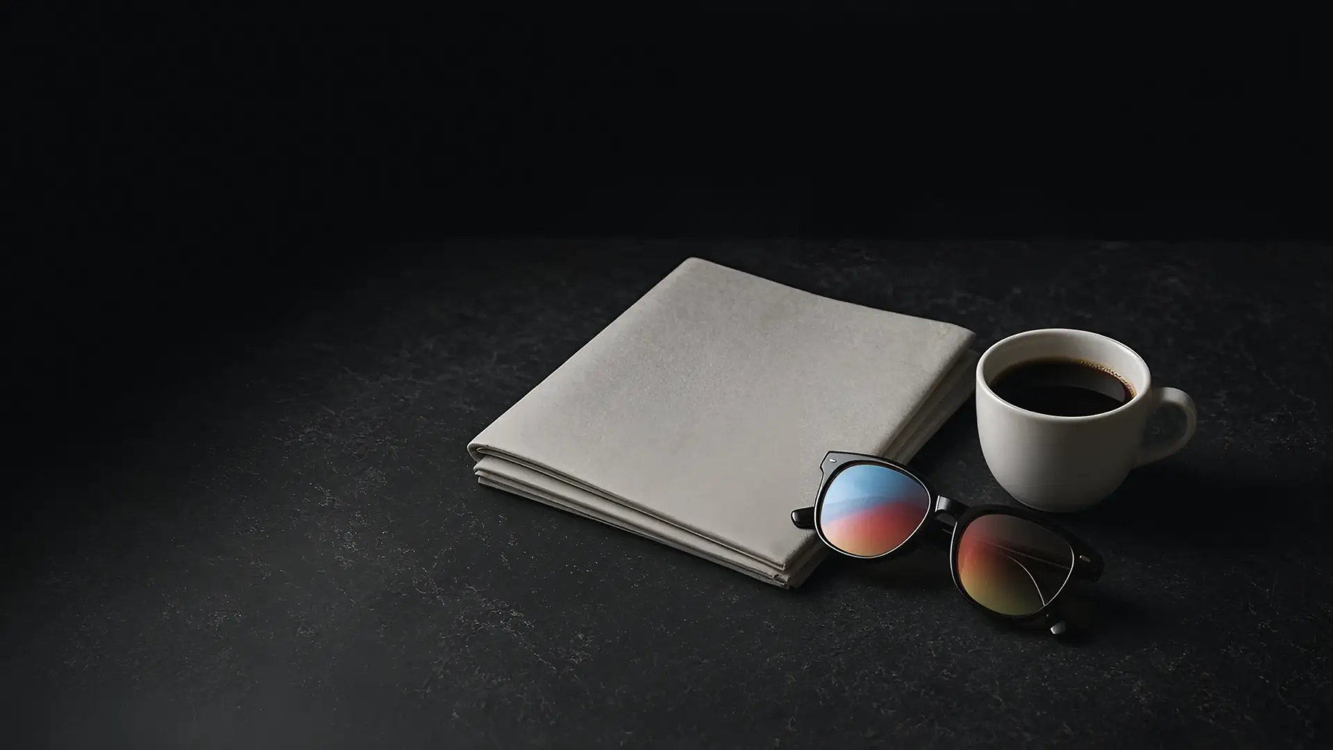Reading reviews illustration of a folded newspaper turned face down beside a cup of coffee and sunglasses