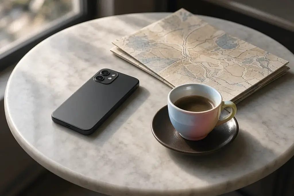 A phone lying face down on a café table next to a paper map