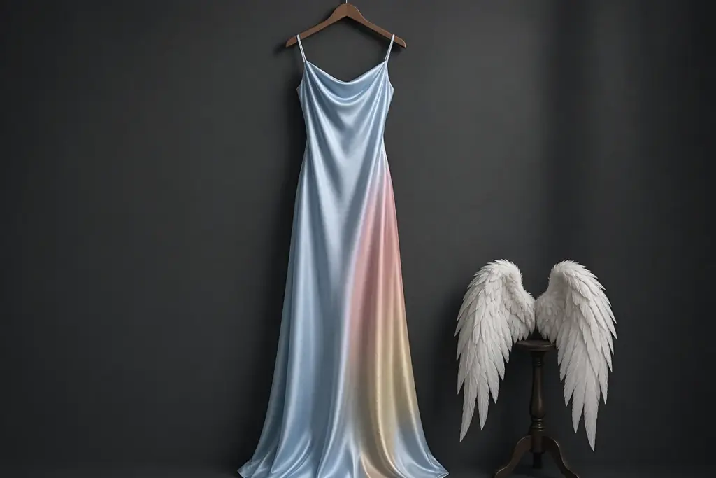 A pastel blue gown on a hanger beside a pair of feathered wings