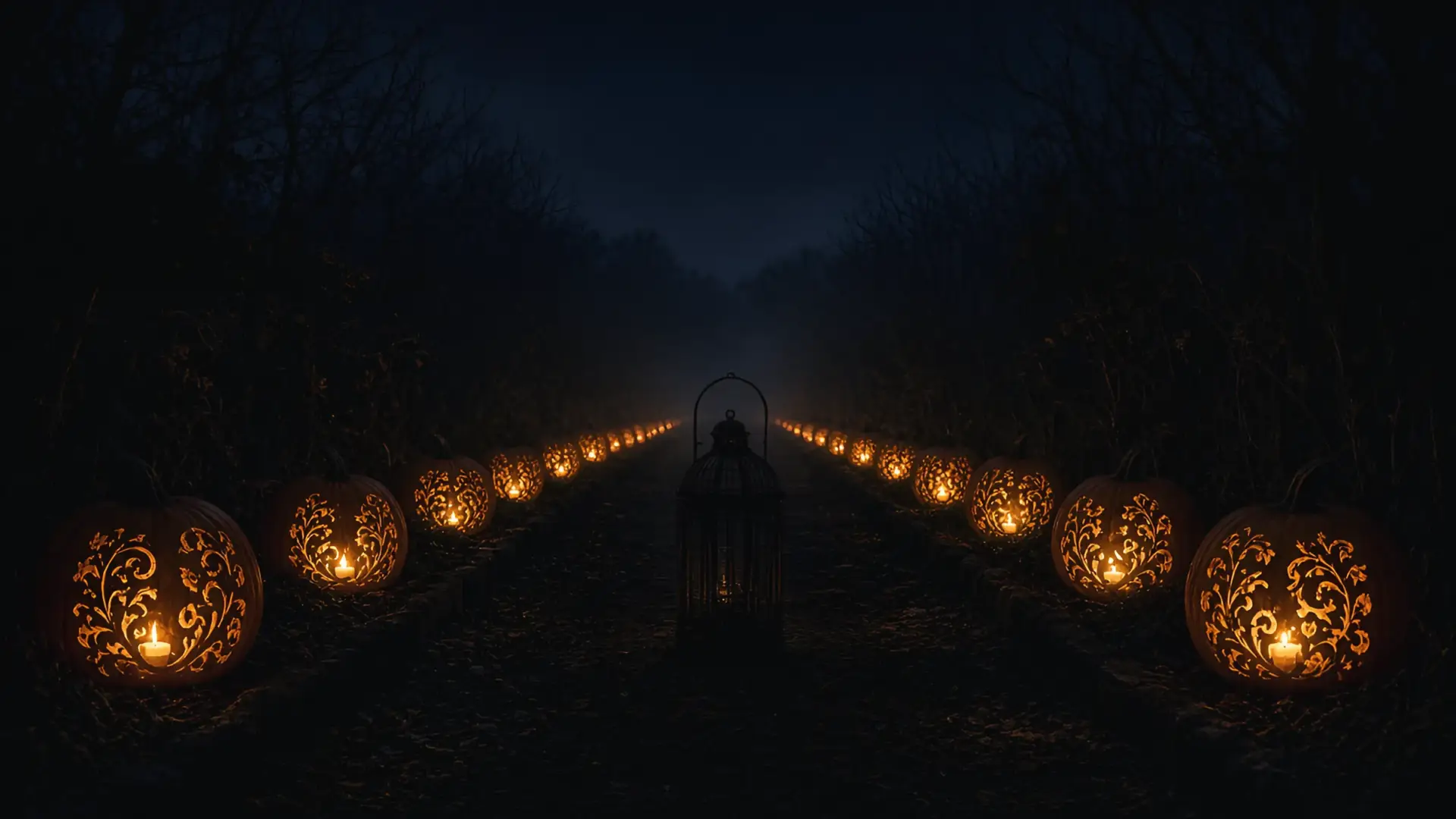 Illustration of a wall of glowing carved pumpkins along a dark path with an empty lantern, for a Sleepy Hollow Halloween guide