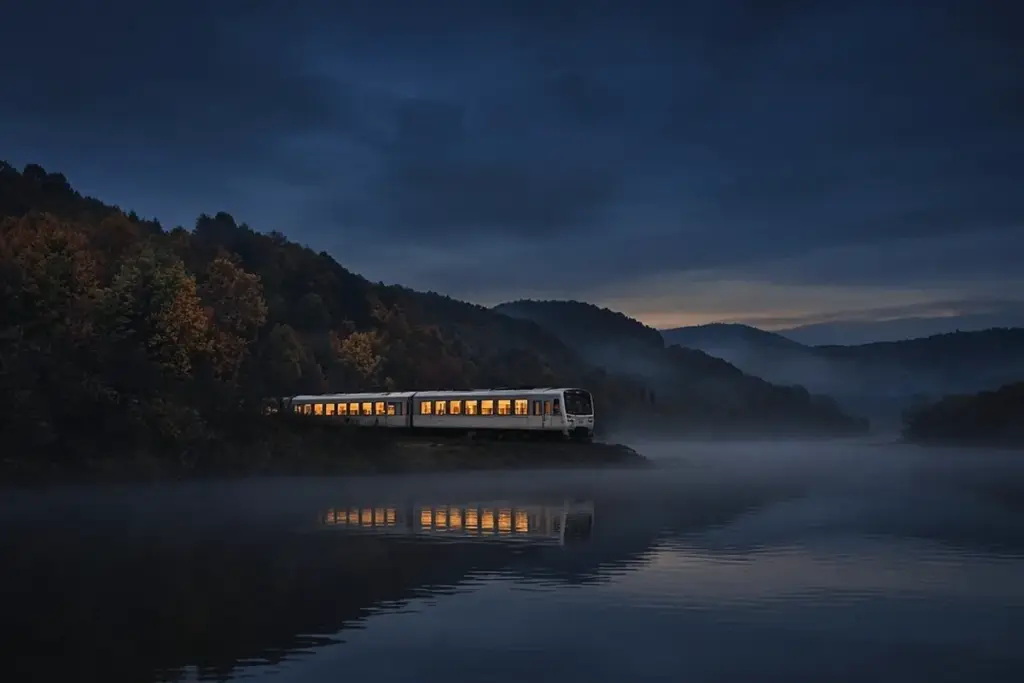 Illustration of a train beside the Hudson River at dusk, the route to a Sleepy Hollow Halloween day trip