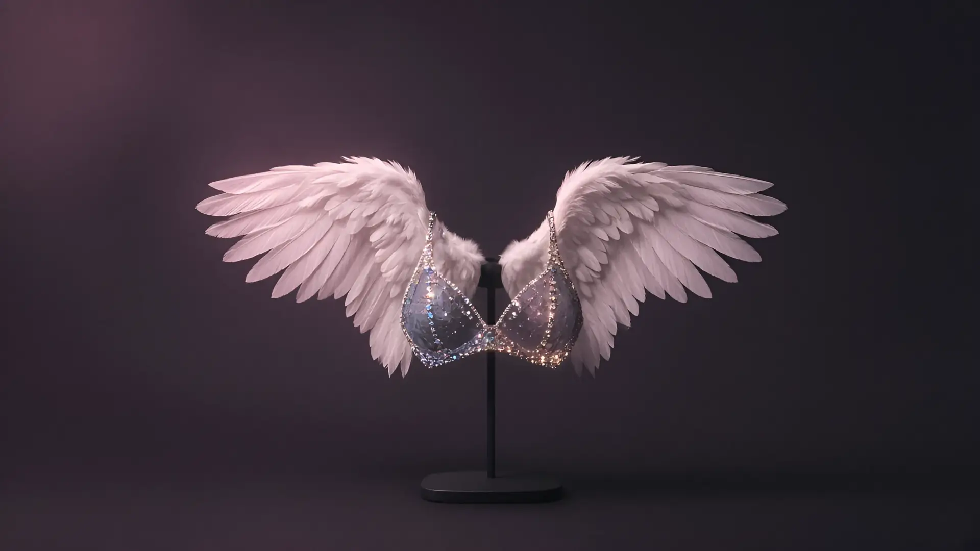 Victoria's Secret Fashion Show 2026 illustration of feathered wings on a stand with a jeweled bra silhouette in soft light