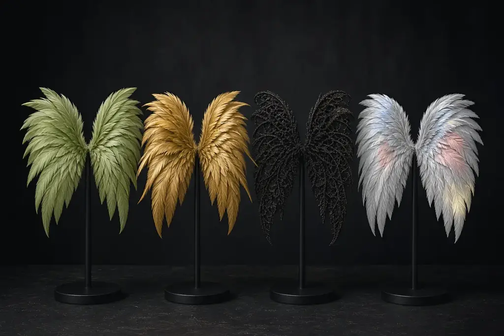 Four pairs of wings in spring green, summer gold, autumn lace and winter silver on a row of stands