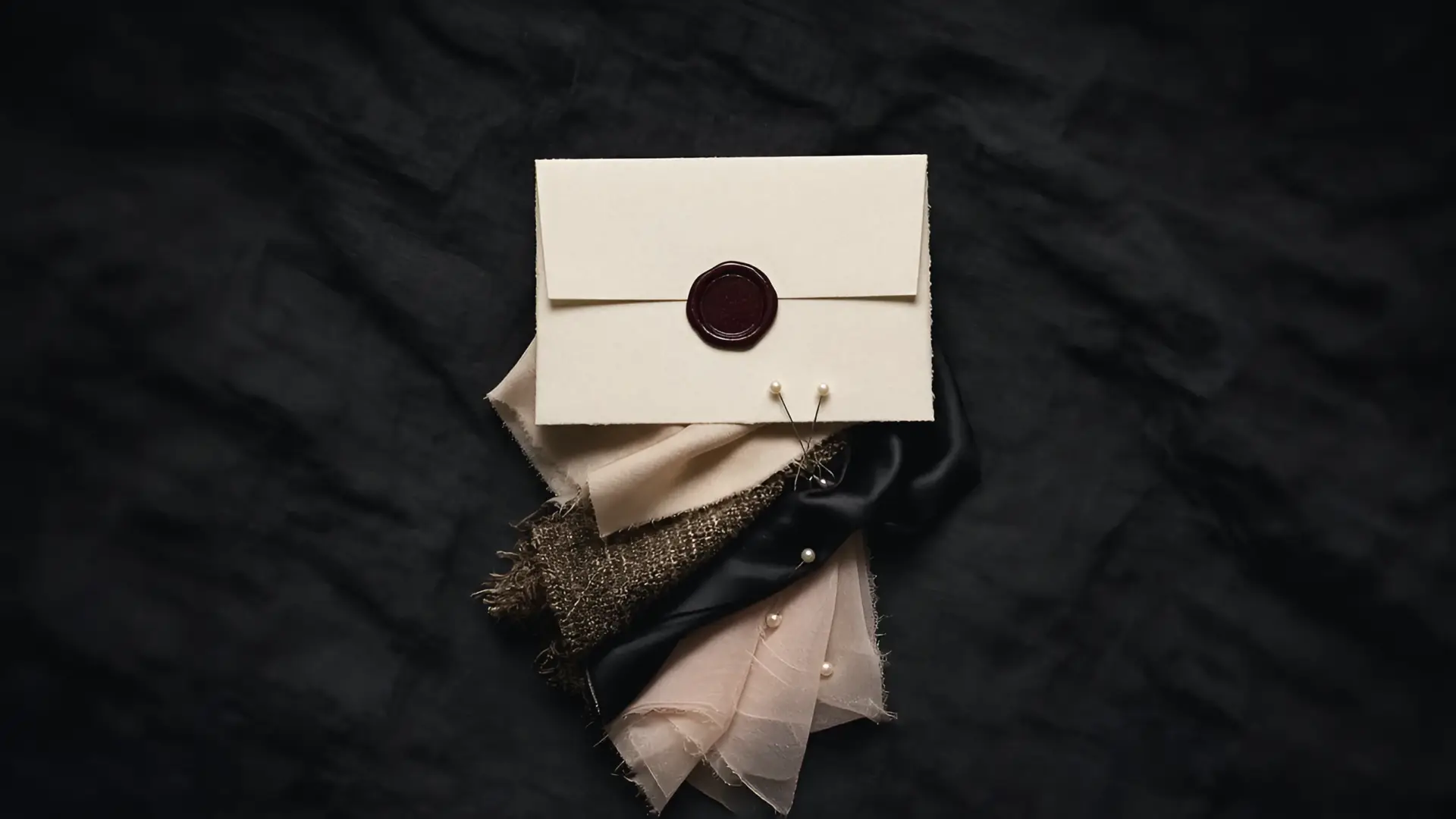 Ivory show invitation sealed with oxblood wax, resting on fabric swatches and pearl pins on dark linen, an illustration for how to watch Paris Fashion Week online