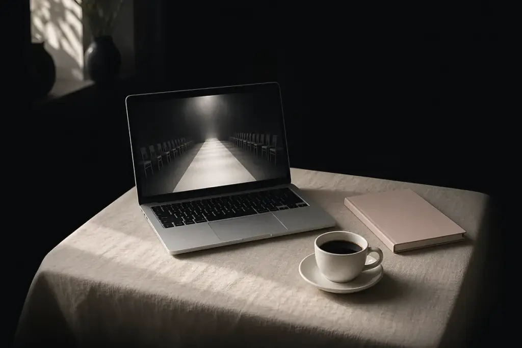 A laptop on a linen tablecloth showing an empty runway, with a coffee cup and a notebook to watch Paris Fashion Week
