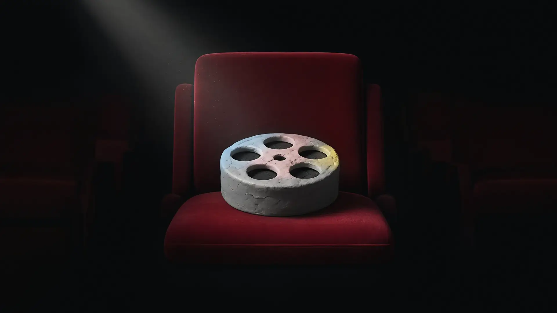 Weekend box office illustration of gray modeling clay shaped like a film reel sitting on a red velvet cinema seat