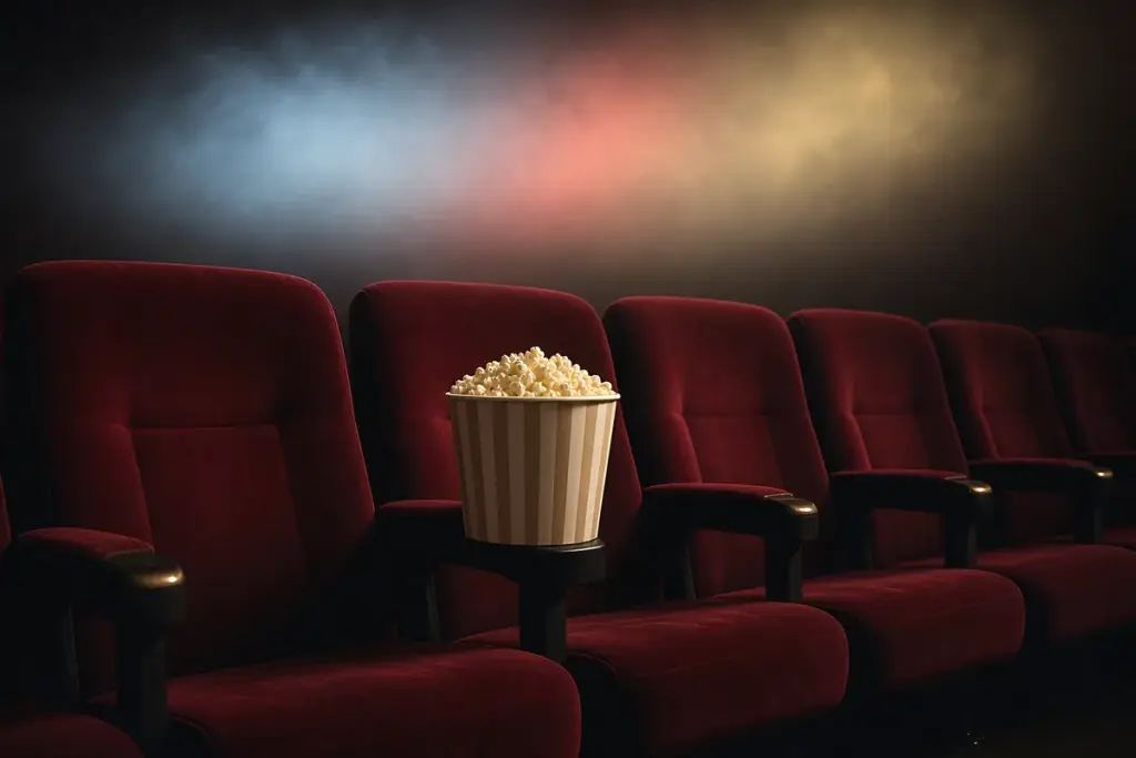 A row of empty cinema seats with a bucket of popcorn on one armrest