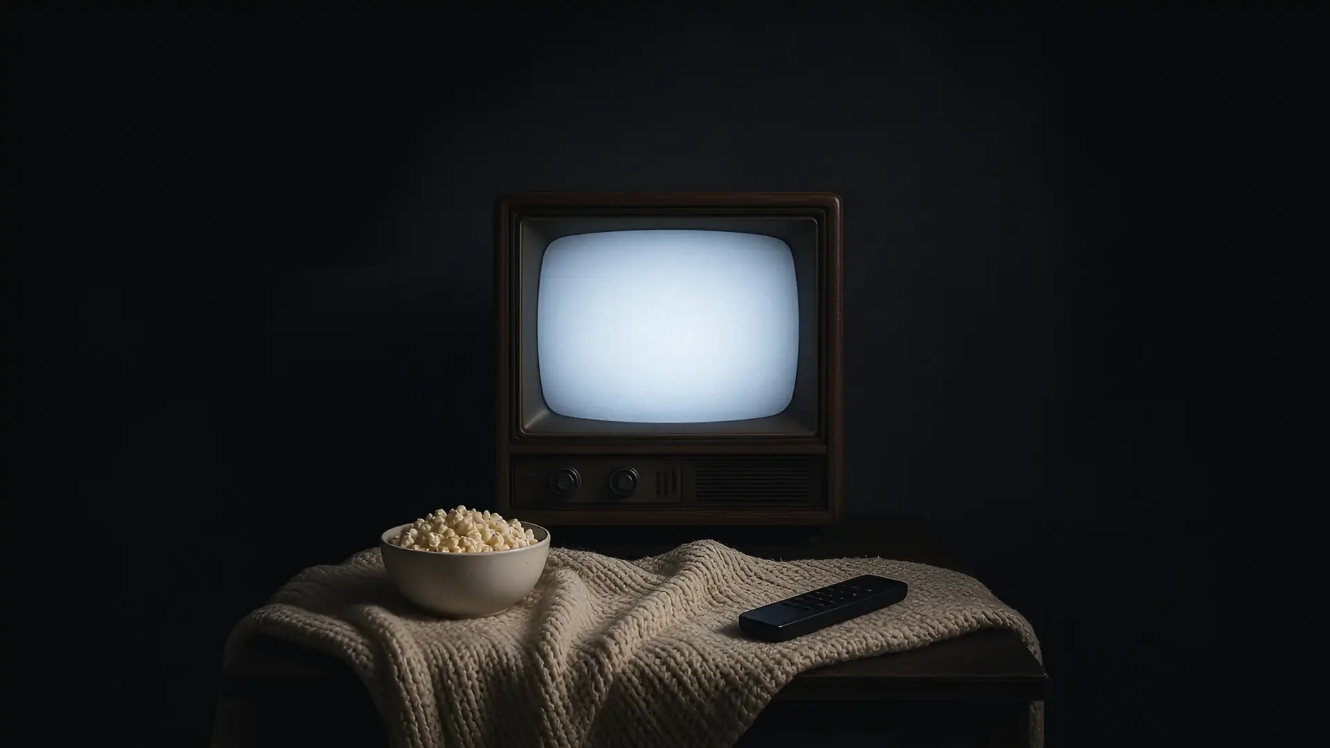Illustration for what to watch in October: a vintage television glowing in a dark room, with a bowl of popcorn and a remote on a knit throw