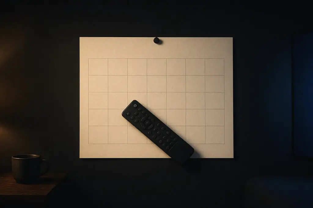 A paper wall calendar for October with a television remote resting across it, illustrating a plan for what to watch in October