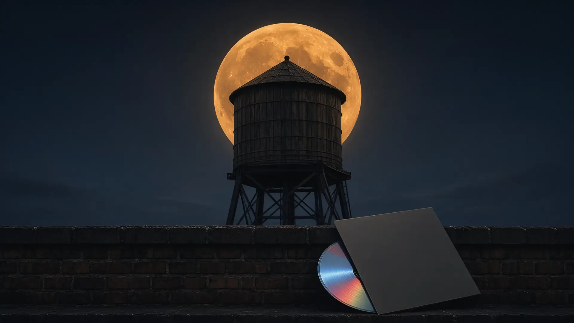 What's hot this week illustration of an orange full moon rising over a rooftop water tower with a record sleeve leaning on the ledge
