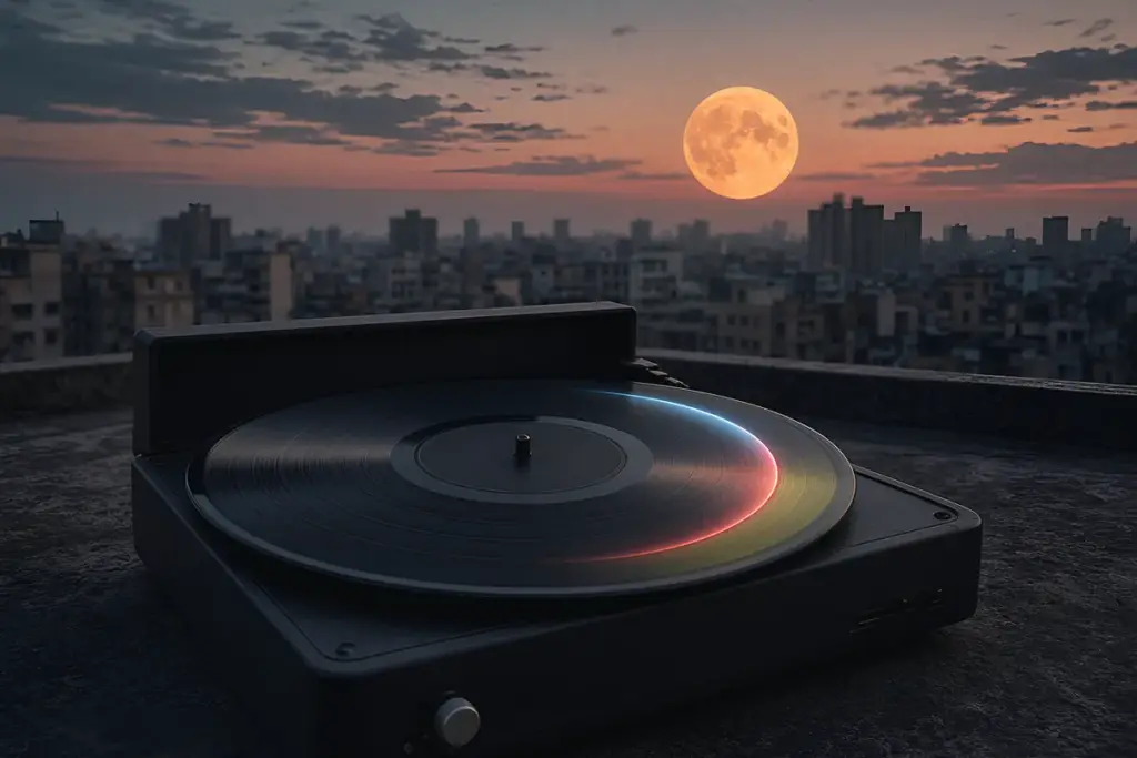 A vinyl record spinning on a rooftop at dusk with a large orange moon on the horizon
